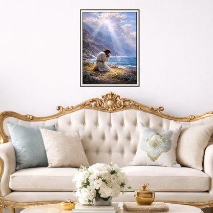 IOHEFY Jesus Prayer by The Sea 5D Diamond Painting Kits for Adults Beginners 12x16 Inch Full Drill Diamond Art Religious Christian Seascape Rhinestone Acrylic Canvas Wall Decor Gift Easter Christmas