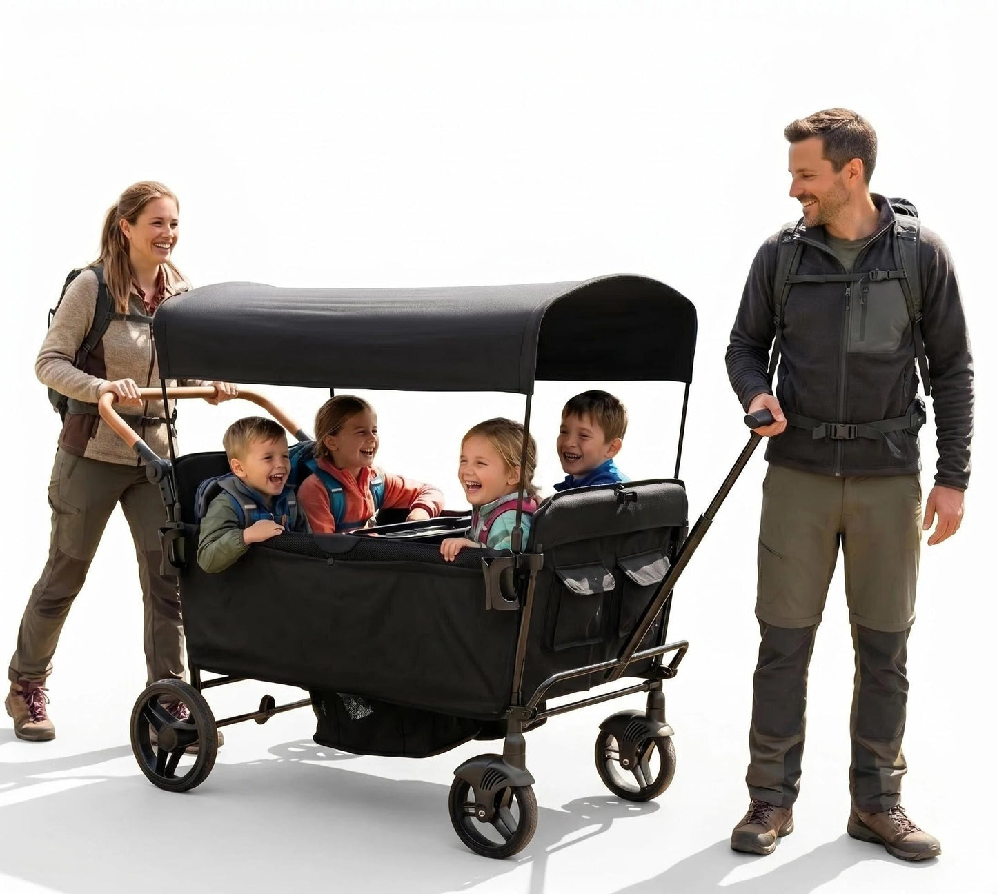 Voupou Stroller Wagon for 4 Kids Seated-Tandem Fold Stroller Push-Pull Lightweight Travel Trolley with 5-Point Harness,Adjustable Handle and Canopy,Mosquito Net,Footwells,Child Tray,Cup Holder,Storage