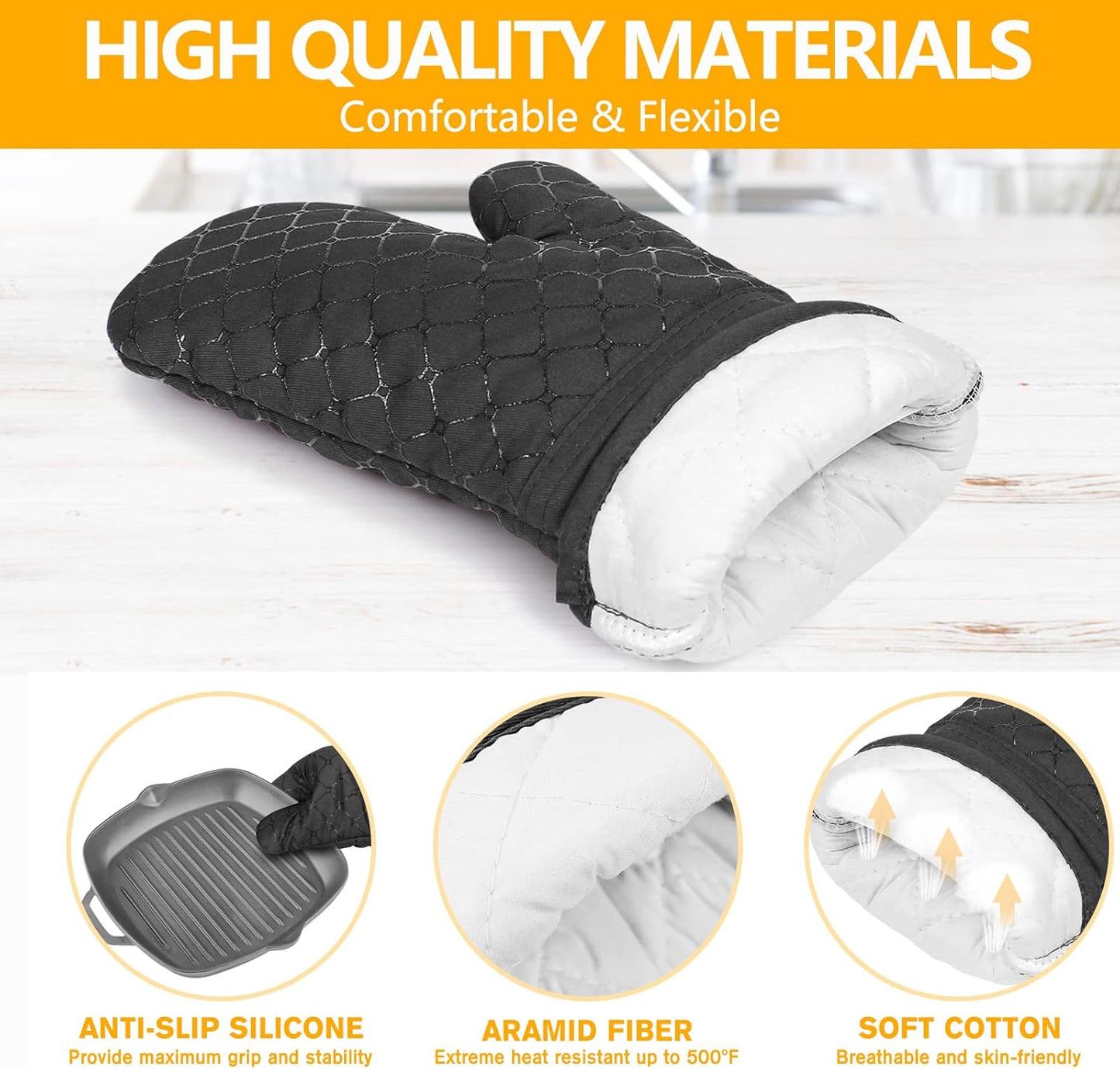 IXO 6Pcs Oven Mitts and Pot Holders, 500? Heat Resistant with Soft Cotton Lining and Non-Slip Silicone Surface
