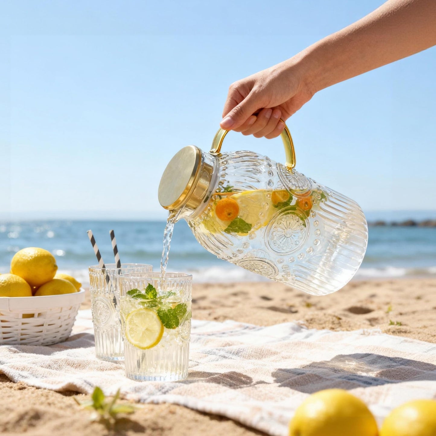 Amzcku Glass Pitcher with Lid, 101 oz/ 3 Liter Vintage Water Pitcher,Water Carafe for Cold Brew, Coffee, Lemonade, Iced Tea,Beverage, Heat Resistant Water Glass Jug 1Pack