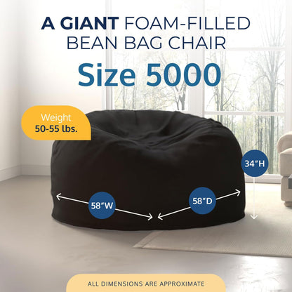 ULTIMATE SACK 5000 5-Foot Bean Bag Chair with Footstool, Charcoal Fur Cover – Oversized Foam Lounger, Floor Seat, Small Sofa, or Couch Bed for Living Area, Gaming Room, or Reading Lounge