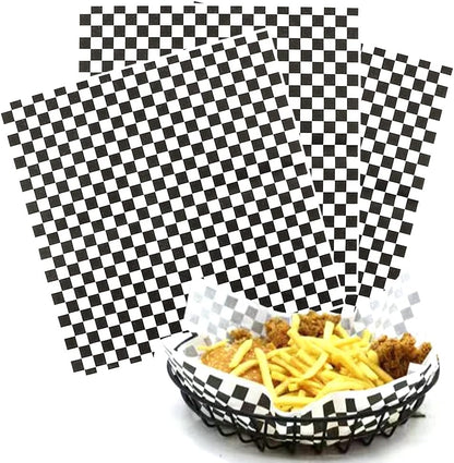 100 Sheets Checkered Dry Waxed Deli Paper Sheets for Plastic Food Basket, Wrapping Bread and Sandwiches (Black)