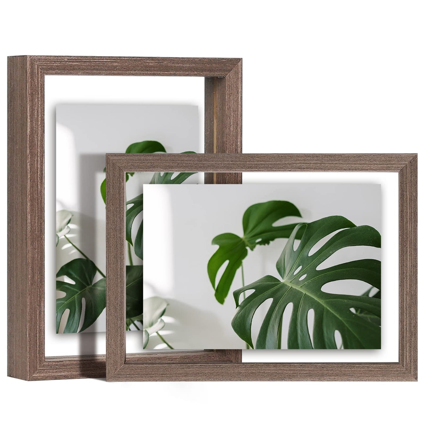 Egofine 5x7 Floating Frames Set of 2, Double Plexiglass Picture Frame, Made of Solid Wood Display Any Size Photo up to 5x7, Wall Mount or Tabletop Standing, Brown