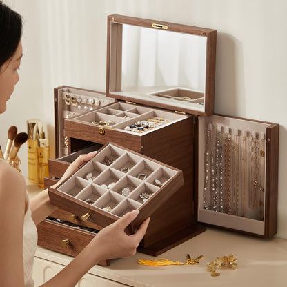 CHOSIN Black Walnut Wooden Jewelry Box, 6-Layer Lockable Wood Jewelry Organizer with Mirror, Side Doors & Brass Handle, Classical Design for Rings, Necklaces, Earrings, Ideal Gift for Her