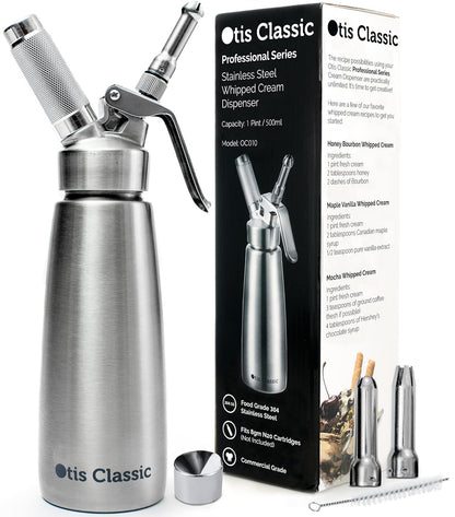 Otis Classic 304 Stainless Steel Whipped Cream Dispenser, 500ml w/ 3 Decorating Nozzles - Commercial Grade Quality Made of Food Grade Stainless Steel - Easy to Use and Clean Ideal for Desserts for Home Chef