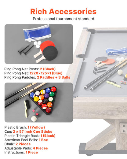 VEVOR 7ft Billiards Table Combo Set, 3-in-1 Multi Game Table with Dining, Pool, and Tennis Table, for Family Game Room Adults, Includes Full Set of Accessories, Wood Color with Grey Cloth