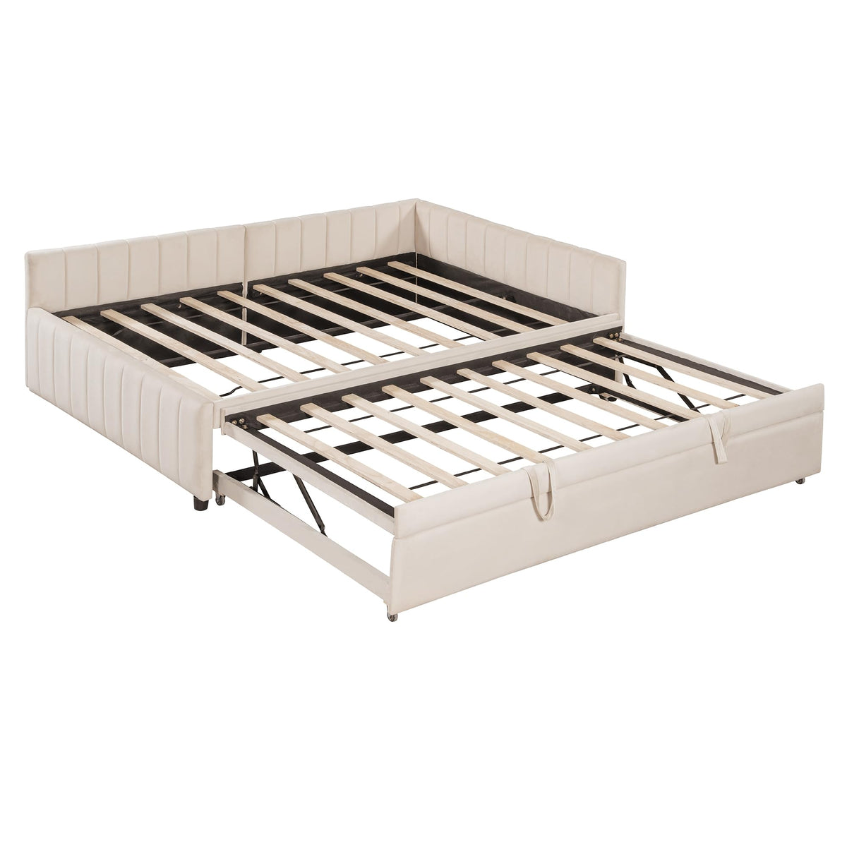 Full Size Upholstered Daybed with Pop up Trundle Bed,Velvet Day Bed Frame with L-Shaped Backrest,Pop up Trundle Full Size,Tufted Sofa Bed for Bedroom,Living Room,Guest,Beige