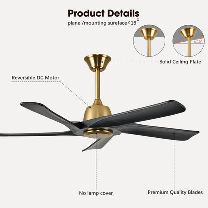 LVYEAYOU 52 Inch Solid Wood Ceiling Fan No Lights, Remote and APP Control, DC Motor, 6-speed Reversible, for Bedroom, Living Room, Office, Black Gold