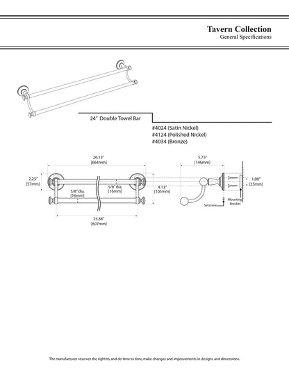 Gatco 4024 Tavern, Double Towel Bar, 24”, Satin Nickel