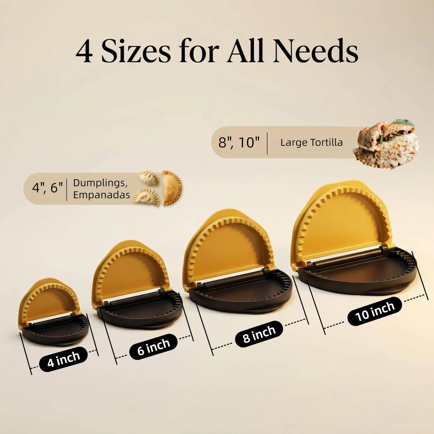 4-in-1 Empanada Maker Press Set (4/6/8/10 Inch), BPA Free Nestable Empanada Mold, Dishwasher Safe Dumpling Maker, Tortilla Sealer & Crimper & Pierogi Maker for Easy Homemade Pastries