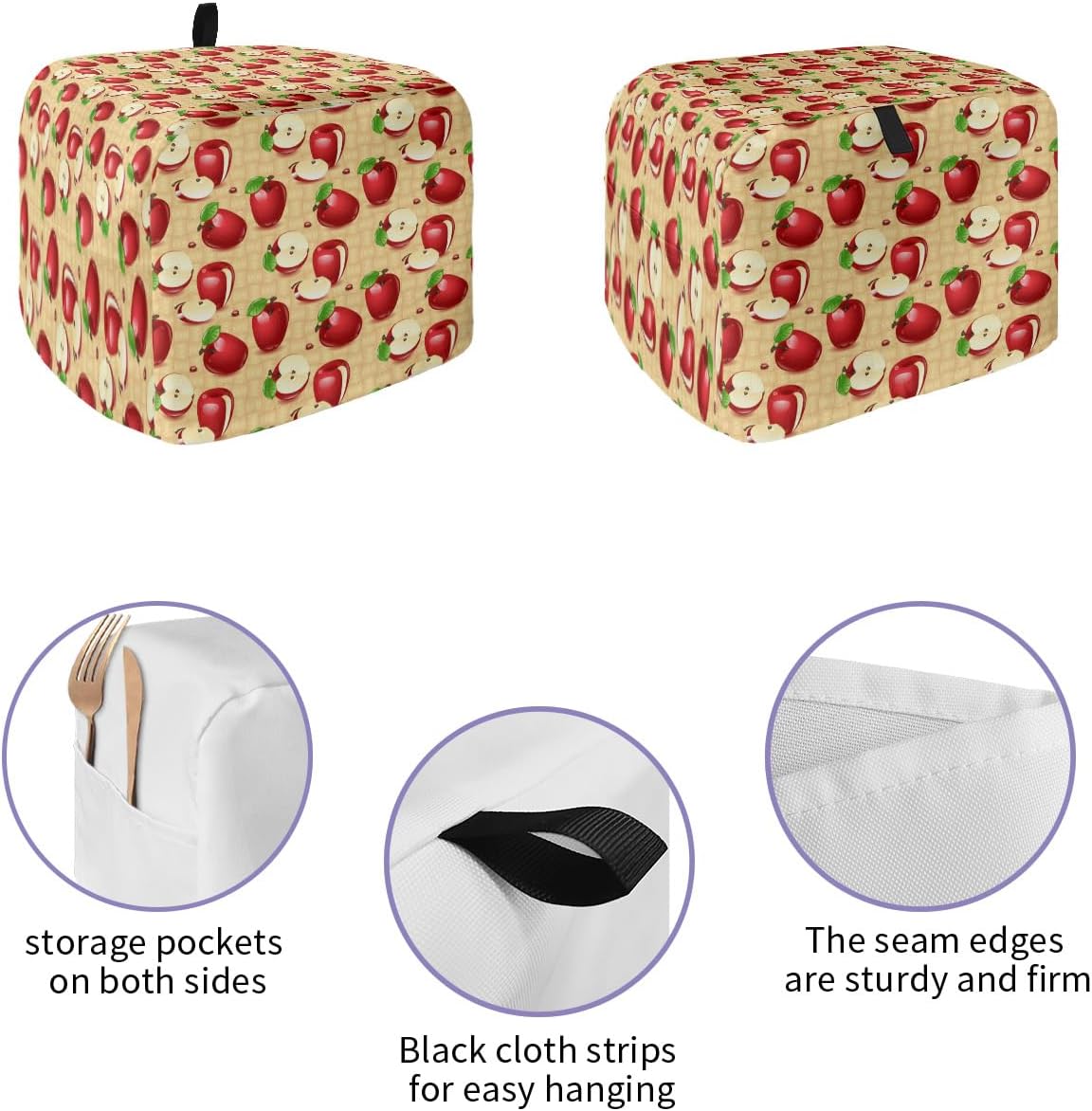 Toaster Dust Cover with Pockets, Red Sliced Apples & Green Leaves, Soft Washable 4 Slice Cover for Fingerprint