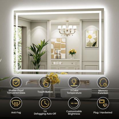 Briivue 60x40 Inch LED Bathroom Mirror with Lights, Backlit & Front Lit, Anti-Fog Lighted Bathroom Vanity Mirror for Wall, Memory Function, Dimmable, HD Tempered Glass, Shatter-Proof