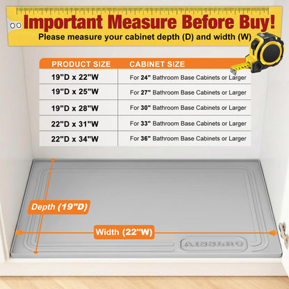Aisslro Under Sink Mat 22" X 19", Waterproof Silicone Cabinet Organizer Protector with Raised Edge, Kitchen & Bathroom Leak Tray, Shelf Liner & Pet Feeding Mat for Dog Cat Food Mats, Gray