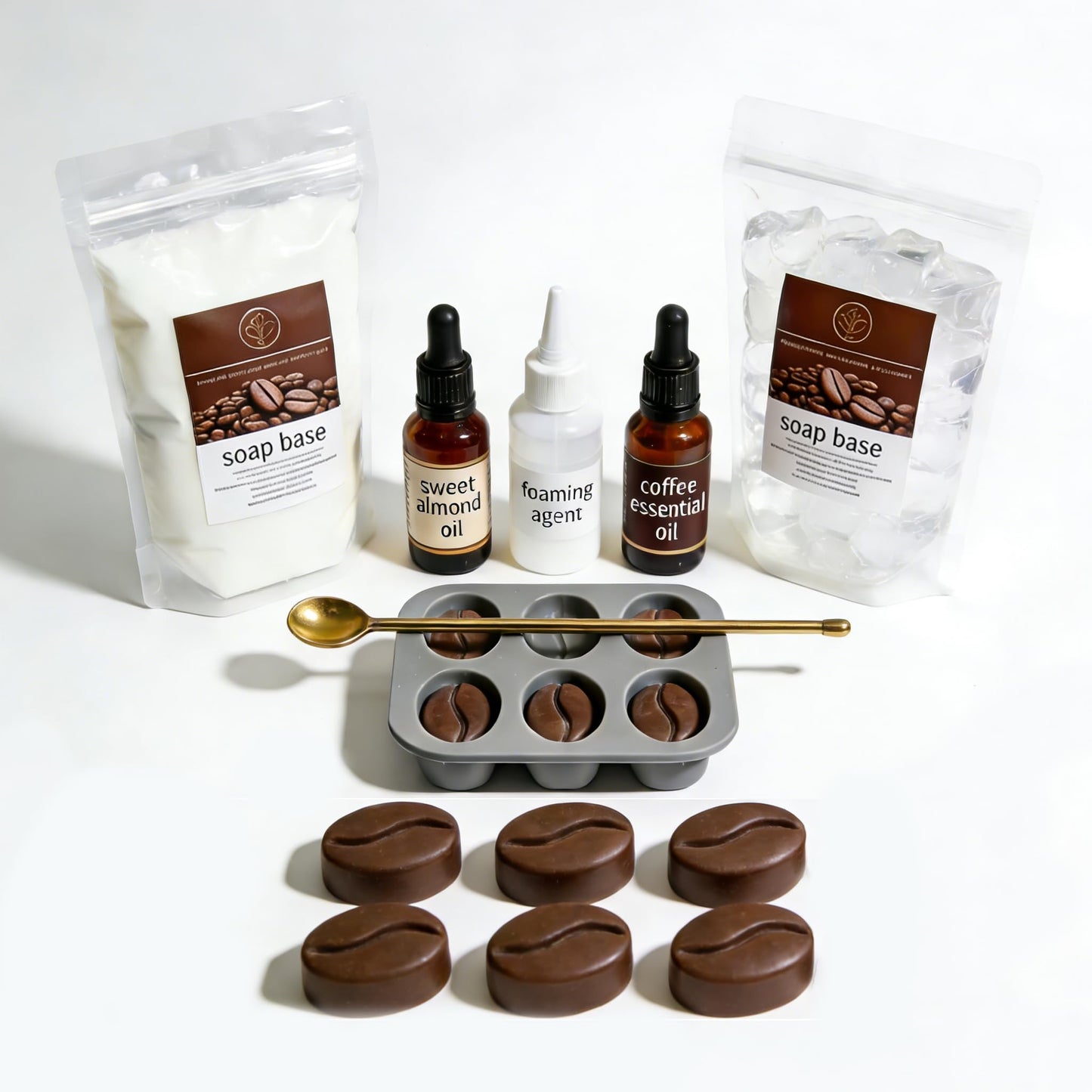 DIY Coffee Soap Making Kit for Beginners, Complete Handmade Craft Set with Coffeebean Molds, Soap Base, Foaming Agent, Sweet Almond Oil, Coffee Fragrance, Gift Ready