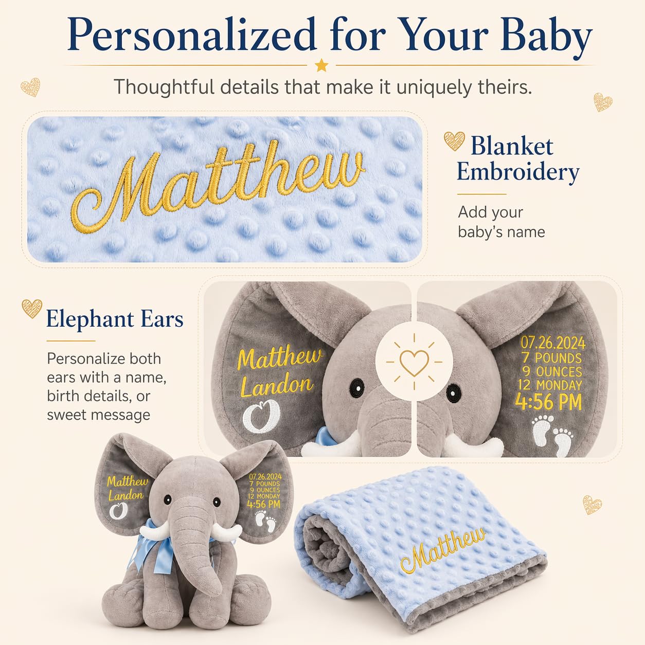 Dyoart Personalized Woven Basket with Gift Bags & Ribbons, Decorative Basket with Elephant Stuffed Animal and Blanket Set, Handle Storage Basket for Nursery Toy Pet, Birthday Baby Shower Gifts Set