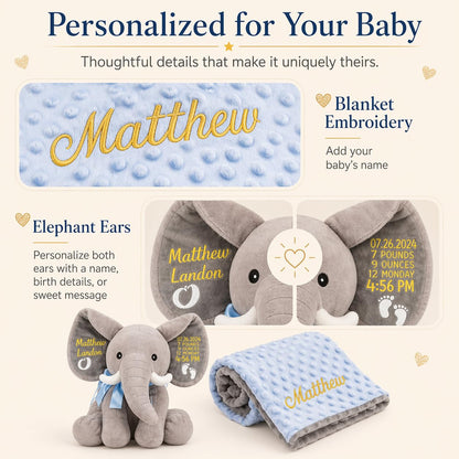 Dyoart Personalized Woven Basket with Gift Bags & Ribbons, Decorative Basket with Elephant Stuffed Animal and Blanket Set, Handle Storage Basket for Nursery Toy Pet, Birthday Baby Shower Gifts Set