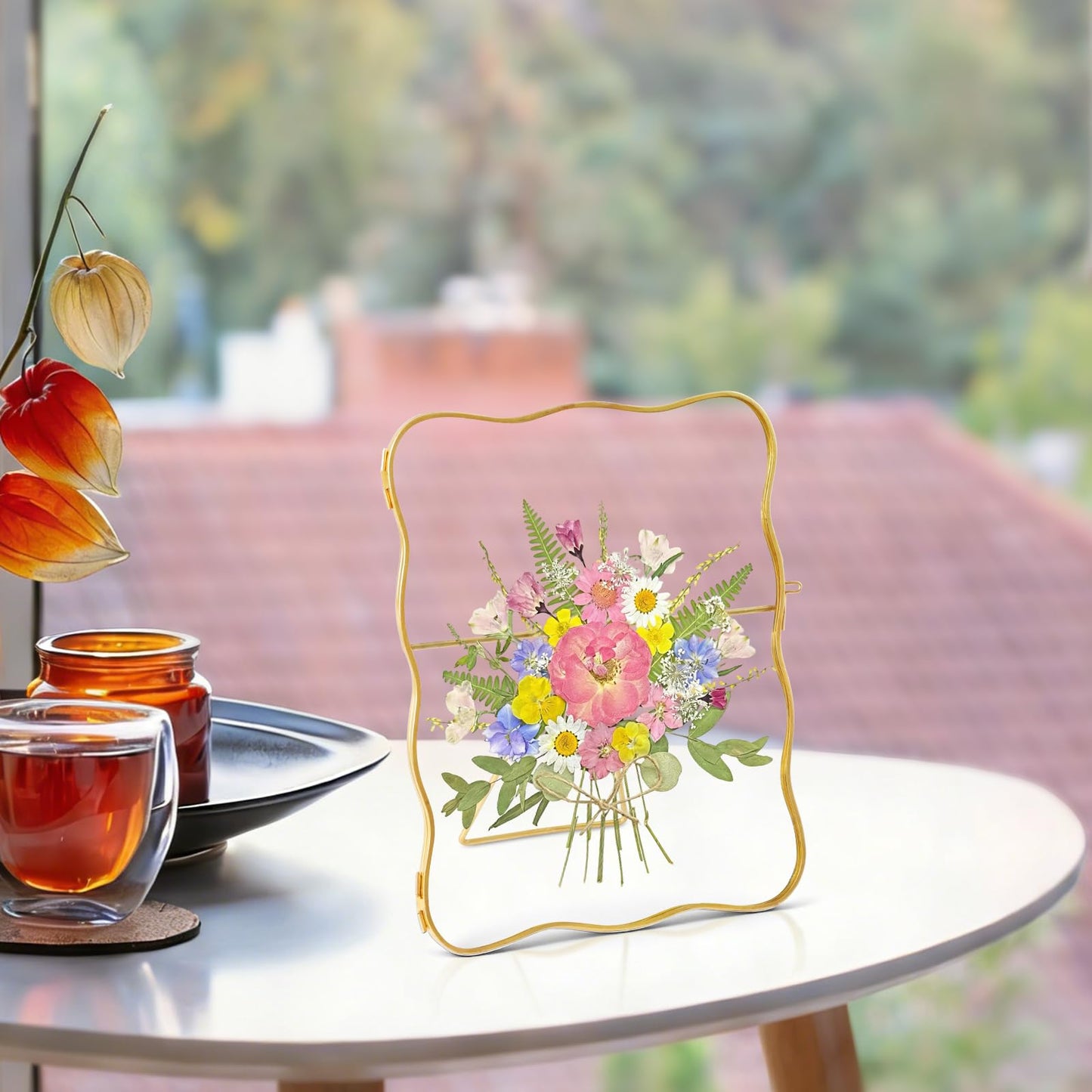 Himitimi Double Glass Frame for Pressed Flowers, 6x8 Inch Handmade Wave Pressed Flower Frame Metal Floating Picture Frame for Tabletop Display DIY Artwork Home Decor(Gold)