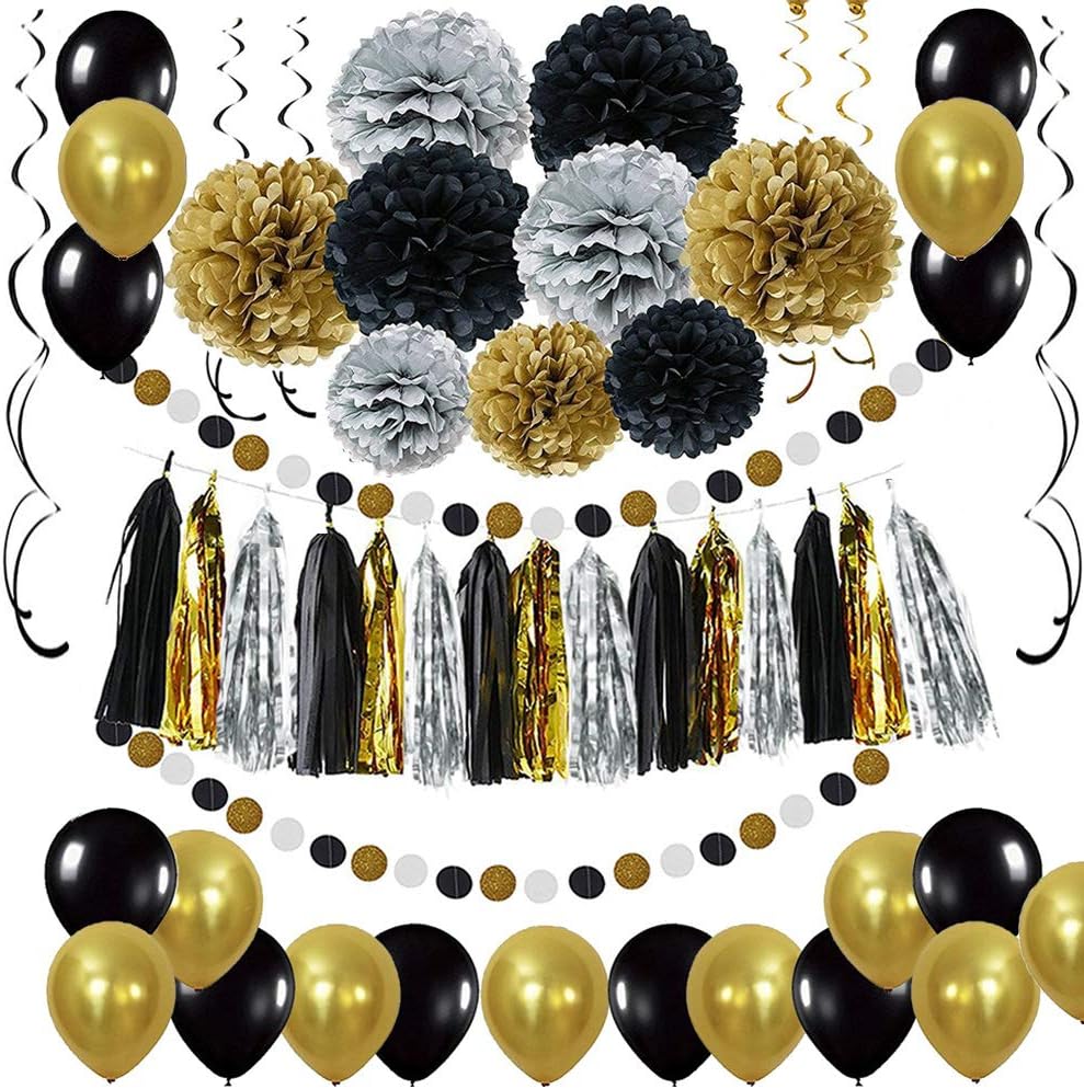 Black and Gold Party Decorations - DIY Tissue Paper Pom Poms, Balloons, and Garland