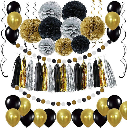 Black and Gold Party Decorations - DIY Tissue Paper Pom Poms, Balloons, and Garland
