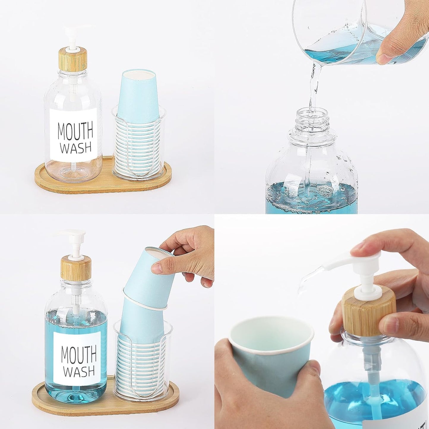 17oz Mouthwash Dispenser with Cup Holder, Plastic Mouth Wash Pump Bottle with Tray for Bathroom Organizers, Refillable