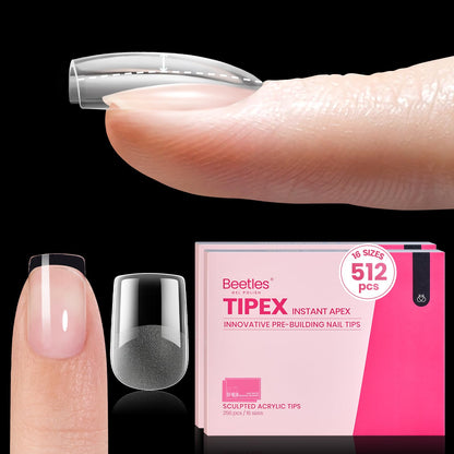 Beetles Tipex Instant Apex Nail Tips Kit, Coffin Long 224Pcs 16 Sizes Pre-Building & Pre-Etched Thicker Acrylic Nails False Nail Extension with Tipex Nail Glue Mini Nail Lamp