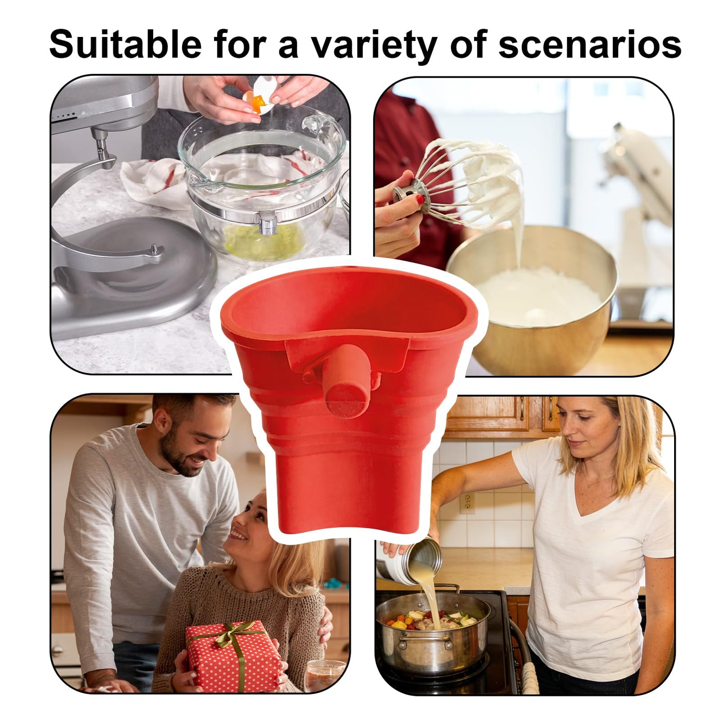 Foldable Flour Funnel, Silicone Pouring Chute Baking Funnel Attachment with Scoop Cleaning Brush Hanging Hooks Kitchen Stand Mixer Accessories for Flour Sugar Liquids, Dishwasher Safe