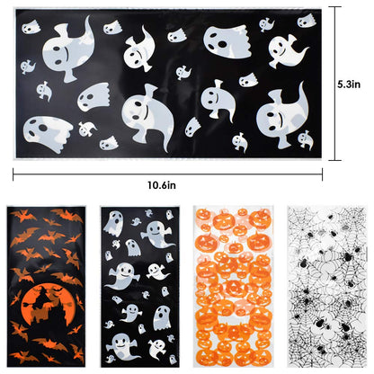 ERKOON Halloween Candy Bags 200pcs Pumpkin Spider Web Bat Ghost Print Treat Bags with Twist Ties for Halloween Party Supplies, Bulk Gift Bags for Trick-or-Treat