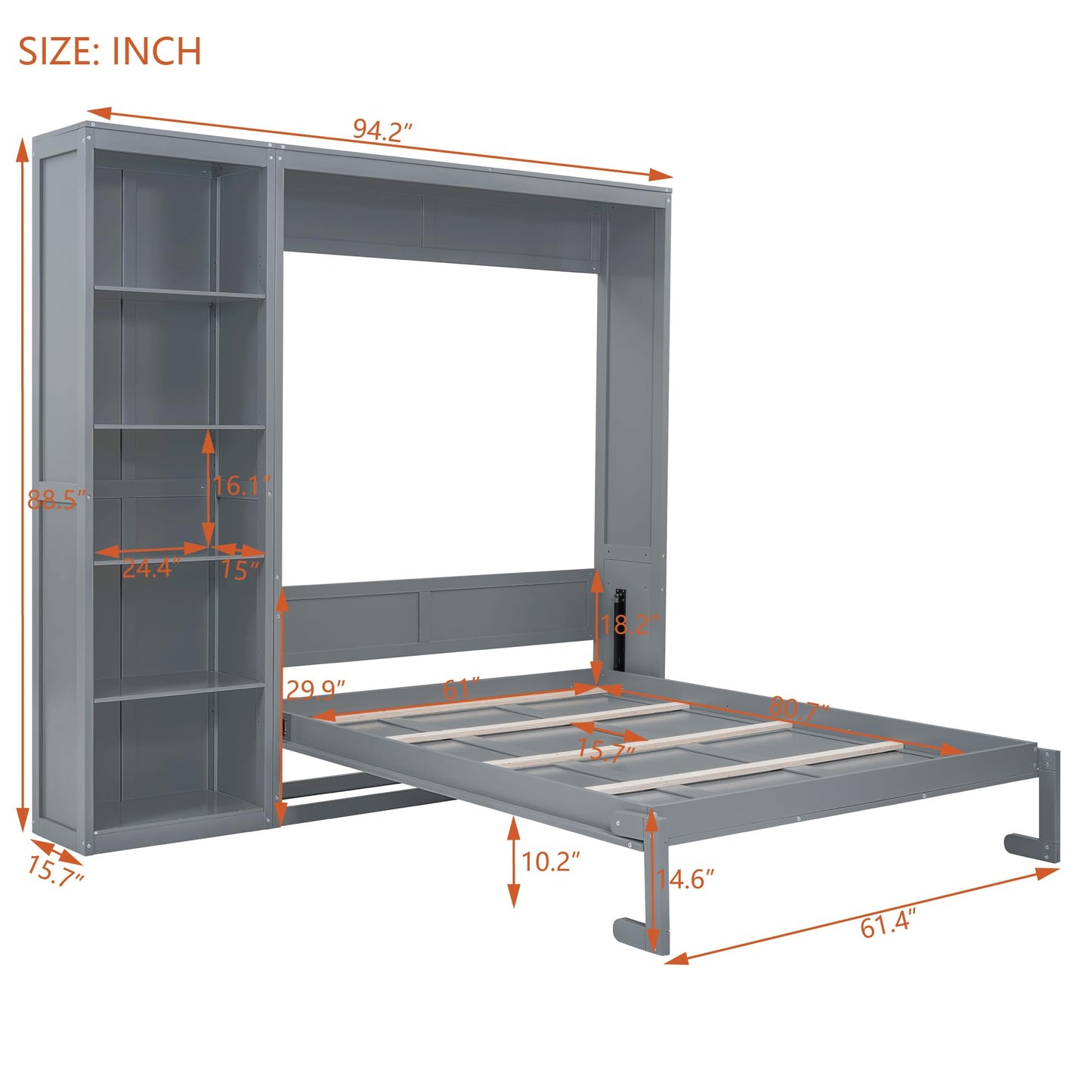Merax Space-Saving Gray Murphy Bed Queen Size with Adjustable Storage Shelves, Multifunctional Foldable Wall Bed for Small Spaces Studio Study Office Guest Room