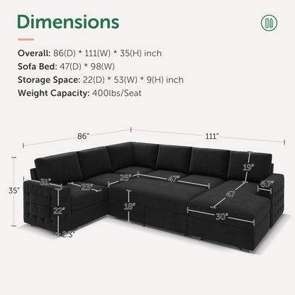 HONBAY Sectional Sleeper Sofa with Pull-Out Bed Storage Chaise, 6 Seater Couch for Living Room, Black