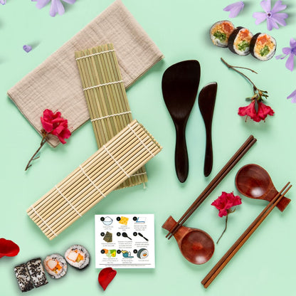 HEKAMOVE No Plastic Premium Sushi Making Kit for Home, for Beginners or Pro Sushi makers. Made of Premium Wood, includes Tea Cloth, Planet-Friendly - the Best Gift and DIY Home Sushi Kit Experience