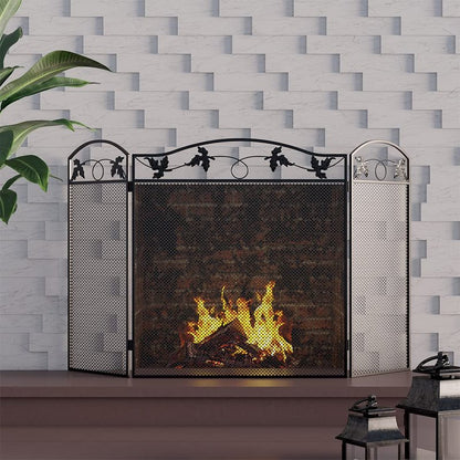 Calidola 3-Panel Foldable Black Steel Fireplace Screen Spark Guard Fence,Leaf Design Screen Metal Decorative Mesh Cover
