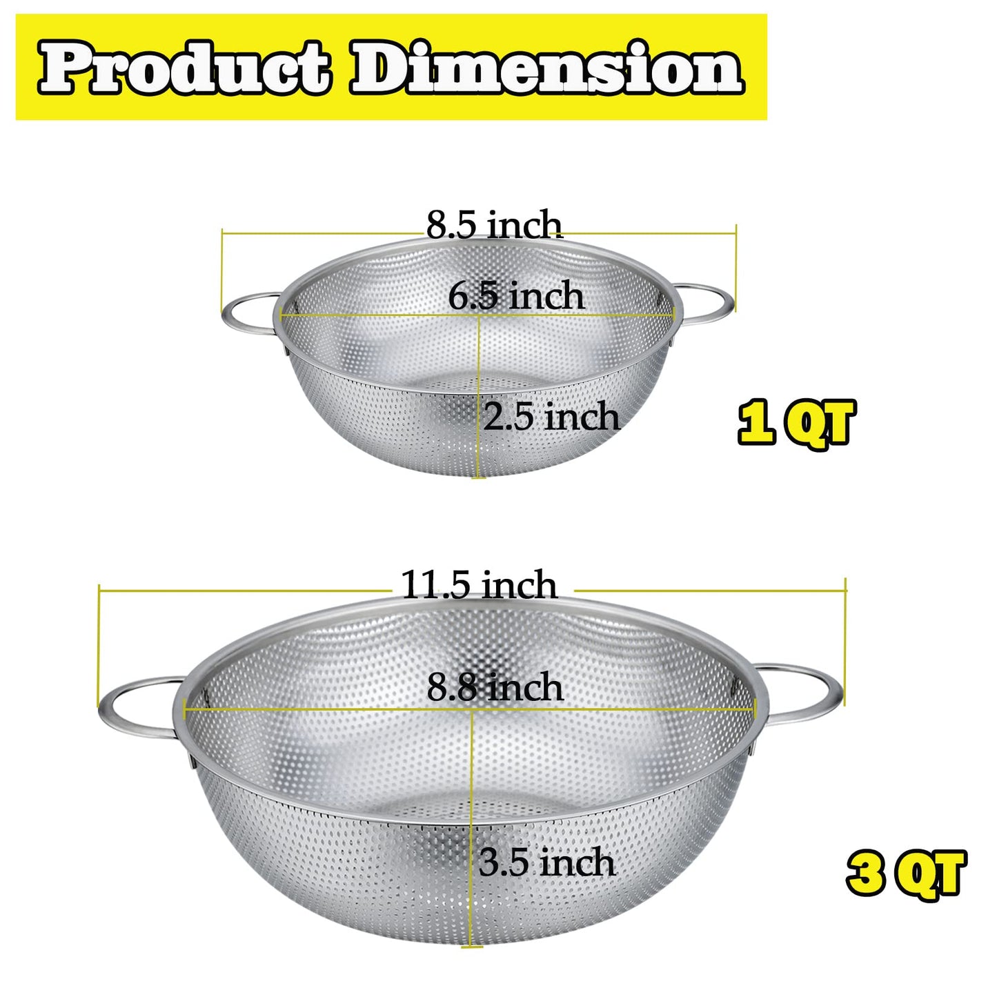 P&P CHEF Stainless Steel Colander, Micro-Perforated Food Strainer with Handle for Washing Draining, Great for Pasta Fruits Vegetables, Dishwasher Safe & Healthy, 1 +3 Qt, 2Pcs