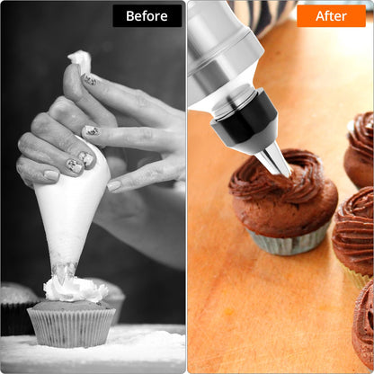 QWORK Dessert Decorating Syringe Set, 304 Stainless Steel Frosting Icing Piping Kit with 6 Replaceable Tips and 8 Silicone Cupcakes - Ideal for Cakes, Cupcakes, Cookies