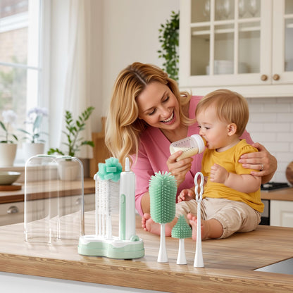 Momcozy Electric Baby Bottle Brush Set with Drying Rack, 7-in-1 Powered Bottle Cleaner & Formula Mixer, Portable Newborn Essentials for Pump Parts & Travel.