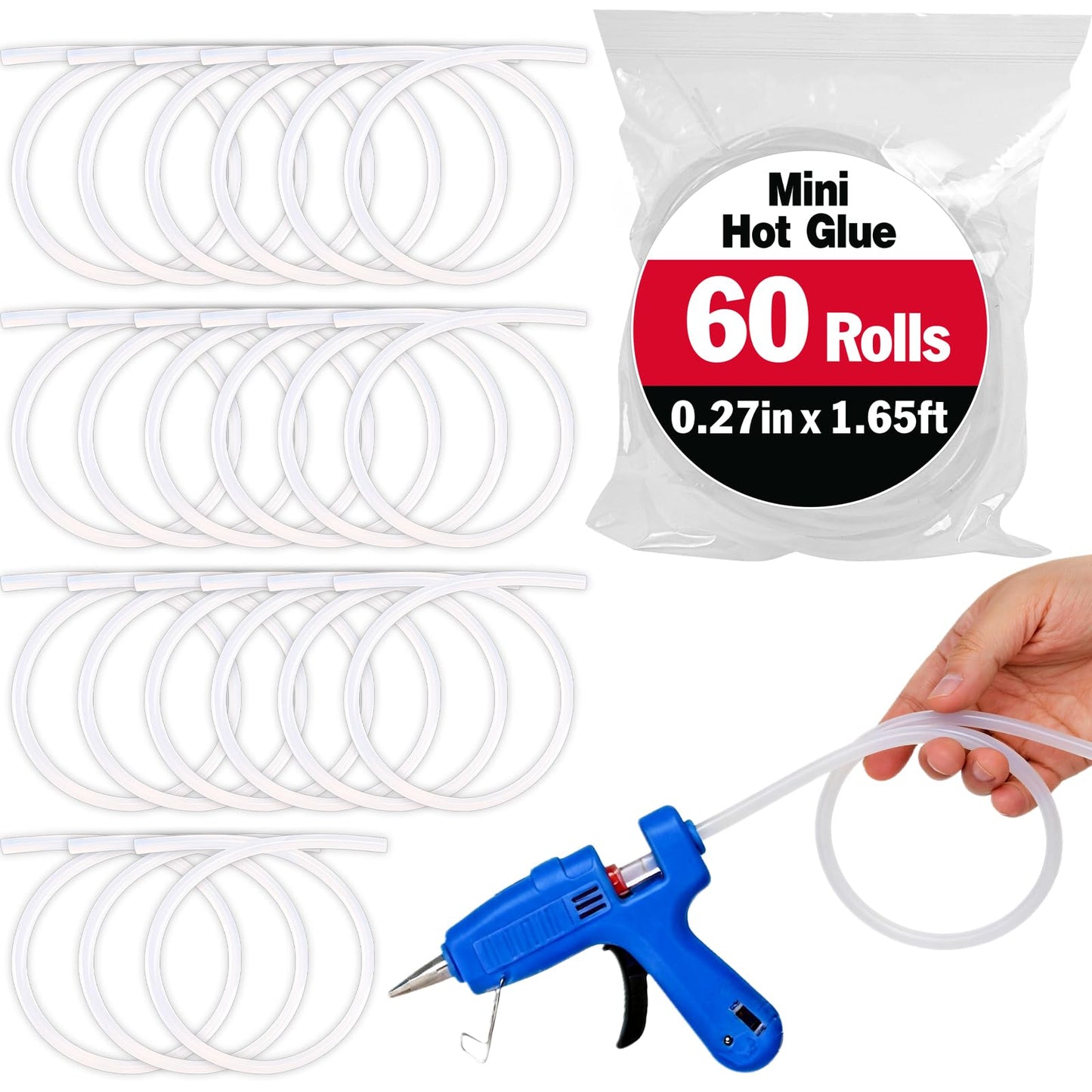 60 Pack Mini Hot Glue Stick Rolls, Each 1.65 FT Long x 0.27" Diameter Glue Sticks for Glue Gun, Perfect Fit for Mini Glue Guns, Widely Used in Wood, Metal, Glass, Plastic, Floral, Fabric, and More