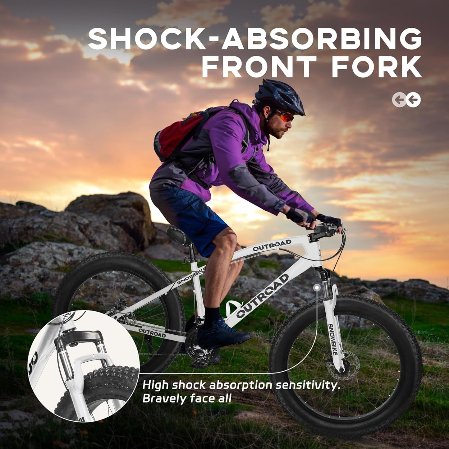 Outroad Mountain Bike Fat Tire with 4-Inch Tire 26 inch Wheels, 21 Speed with High Carbon Steel Frame, Double Disc Brake and Front Suspension Anti-Slip Bikes for Men and Women, White