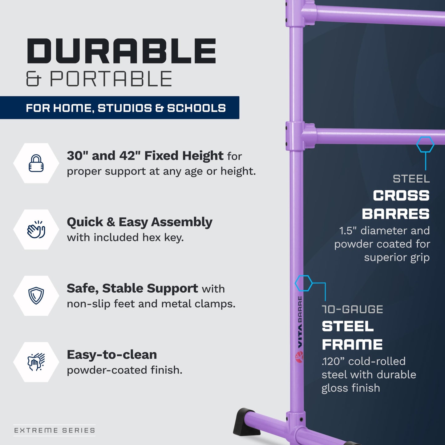 VITA Barre Portable Freestanding Double Ballet Barre, Extreme, 14 Ft Bars, Purple, Steel | Fixed Height, Made in USA, Home or Gym Exercise Equipment for Kids & Adults | Dance, Fitness, Pilates