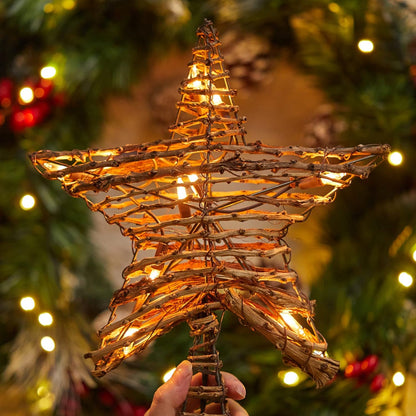 Rattan 3D Star Tree Topper, 12" Rustic Rattan Star with Built-in 10-Bulb String Lights for Christmas Decoration