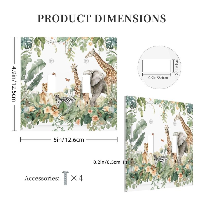 Ihsourgnitnem Decorative Switch Plates Tropical Leves And Safari Animals 2 Gang Double Toggle Outlet Light Switch Cover Wall Plate Electrical Faceplate For Nursery Kids Room Decor