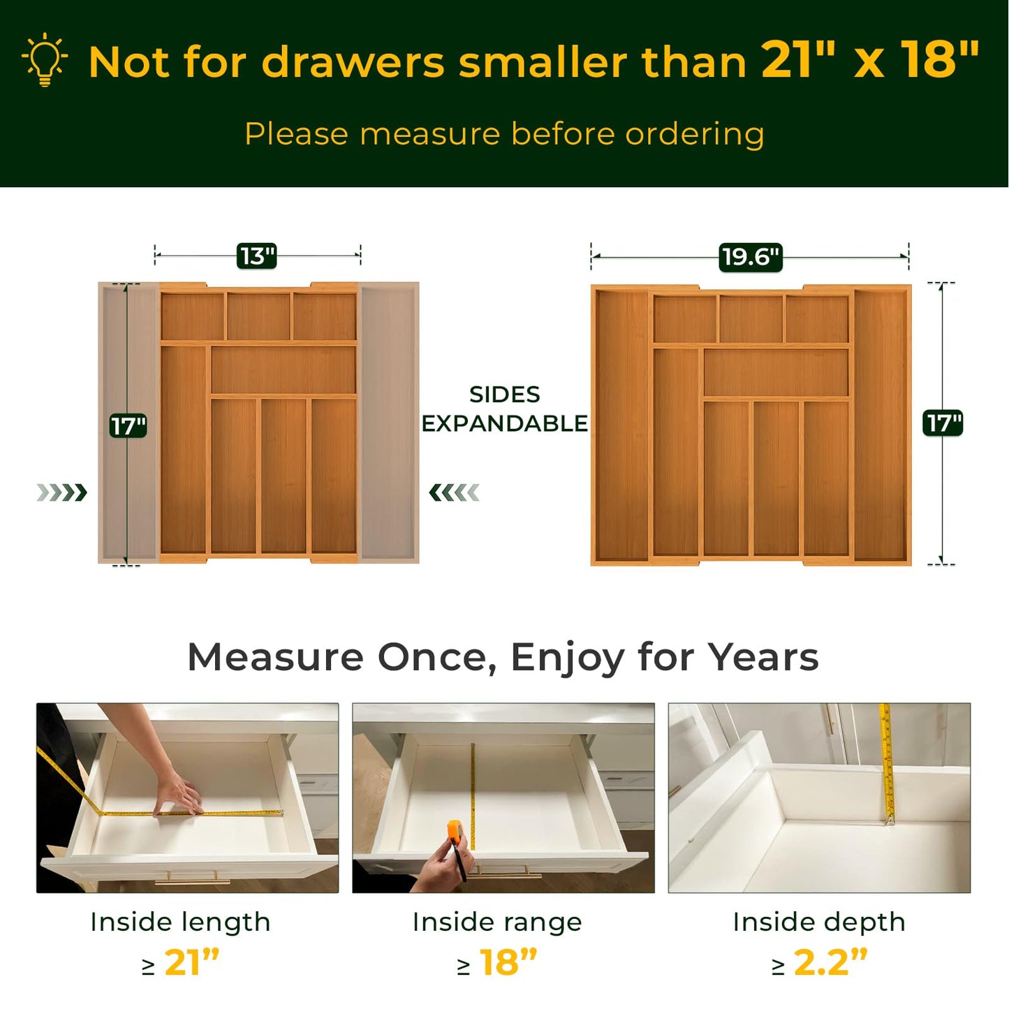 keechee Carbonized Bamboo Kitchen Drawer Organizer, 10 Slots Expandable Silverware Organizer, Utensil Holder & Cutlery Tray, 2.2" Deep for Extra Capacity, Non-Slip Feet Included