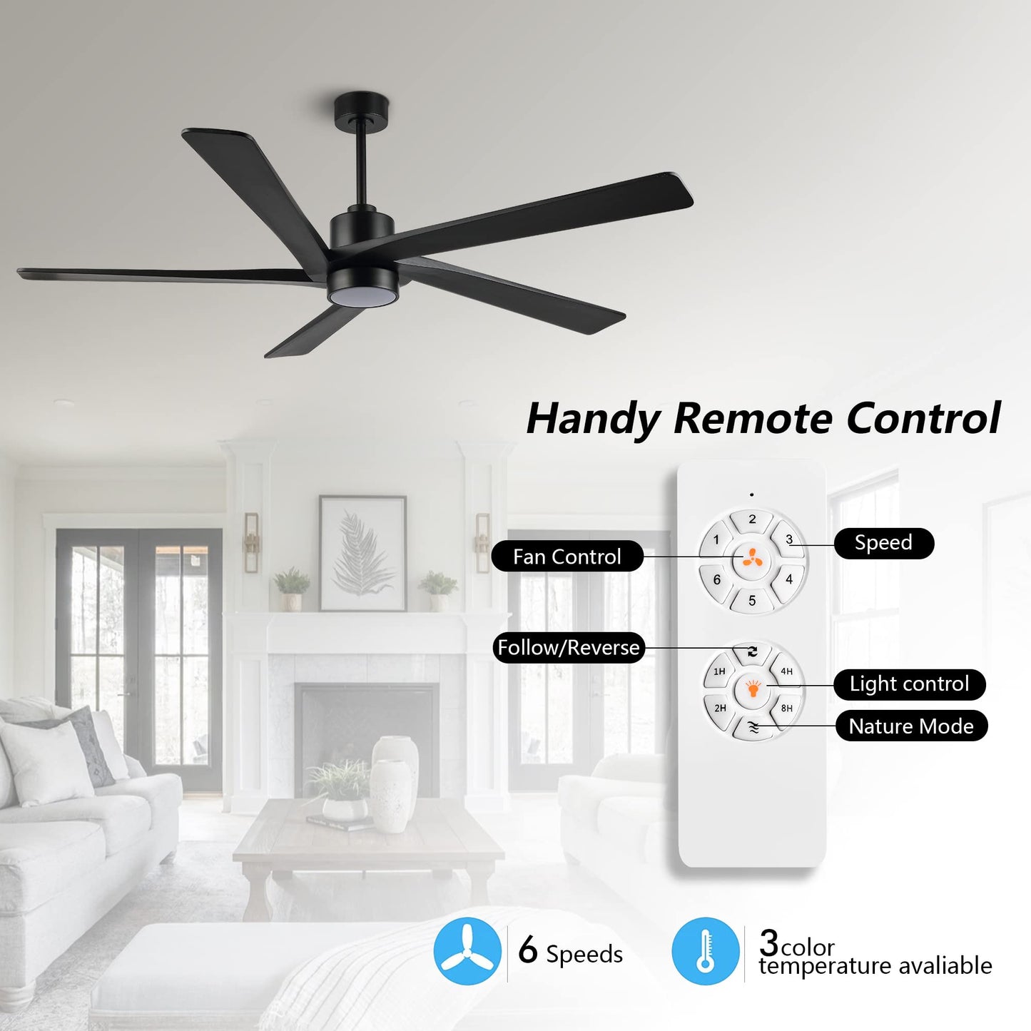 WINGBO 64" DC Ceiling Fan with Lights, 5 Carved Solid Wood Blades, 6-Speed Reversible DC Motor, Matte Black Finish Ceiling Fan with Remote, Black
