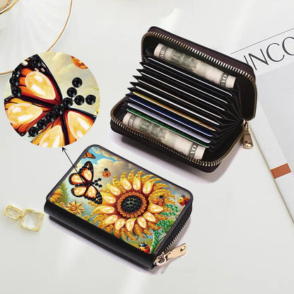 JZHYOAN Sunflower Diamond Art Credit Card Holder DIY Butterfly Pattern Zipper Business Small Wallet Coin Purse Keychain Gem Arts Card Holder Wallet Family Adult Man Woman Craft Gift