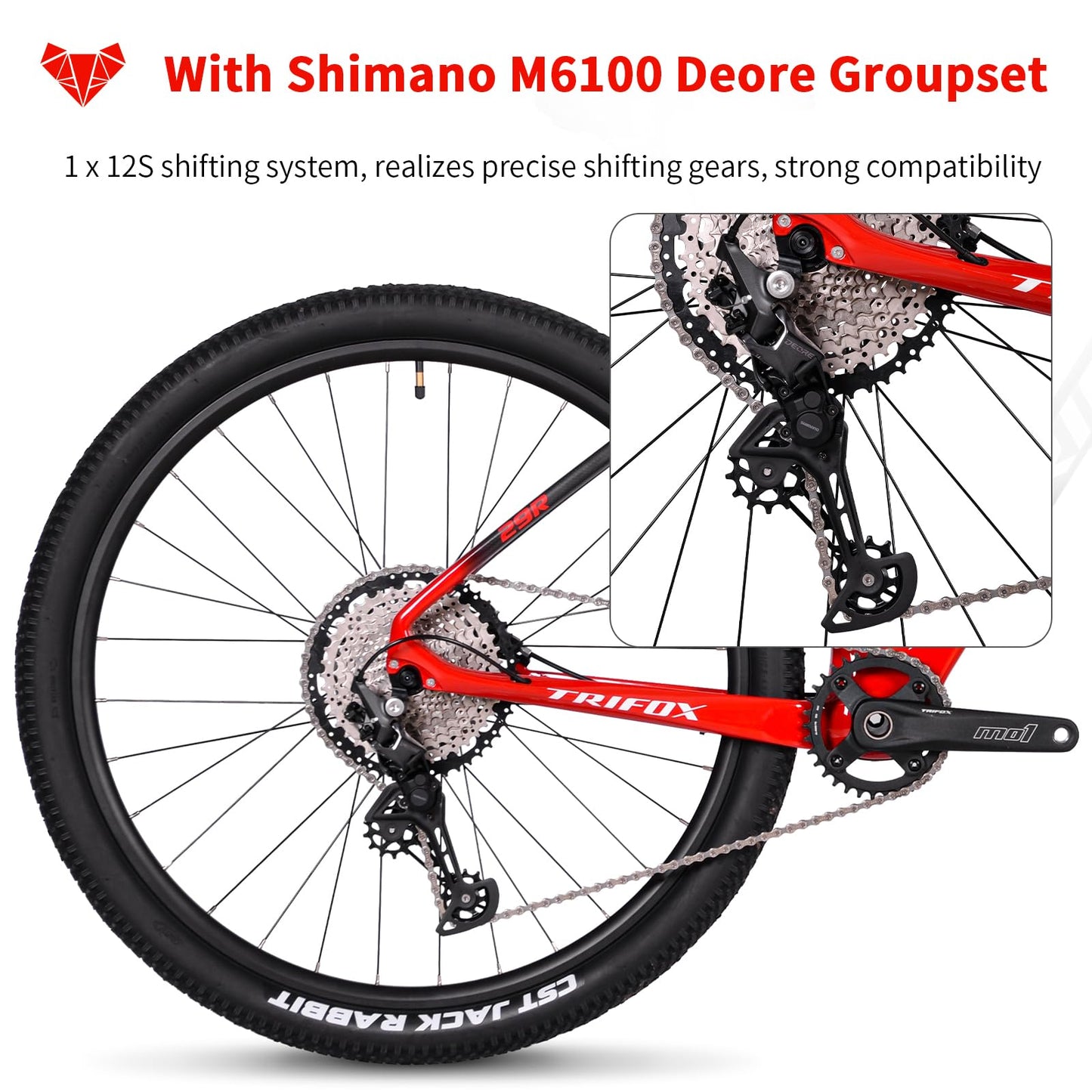 TRIFOX Carbon Fiber Mountain Bike with Shimano M6100 Deore Groupset 12-Speed,Carbon Fiber Frame,Hydraulic Fork 130mm Travel,29er Mountain Bike for Adult 17/19 inch (Red, 29er * 17 inch)