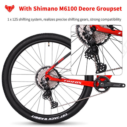 TRIFOX Carbon Fiber Mountain Bike with Shimano M6100 Deore Groupset 12-Speed,Carbon Fiber Frame,Hydraulic Fork 130mm Travel,29er Mountain Bike for Adult 17/19 inch (Red, 29er * 17 inch)