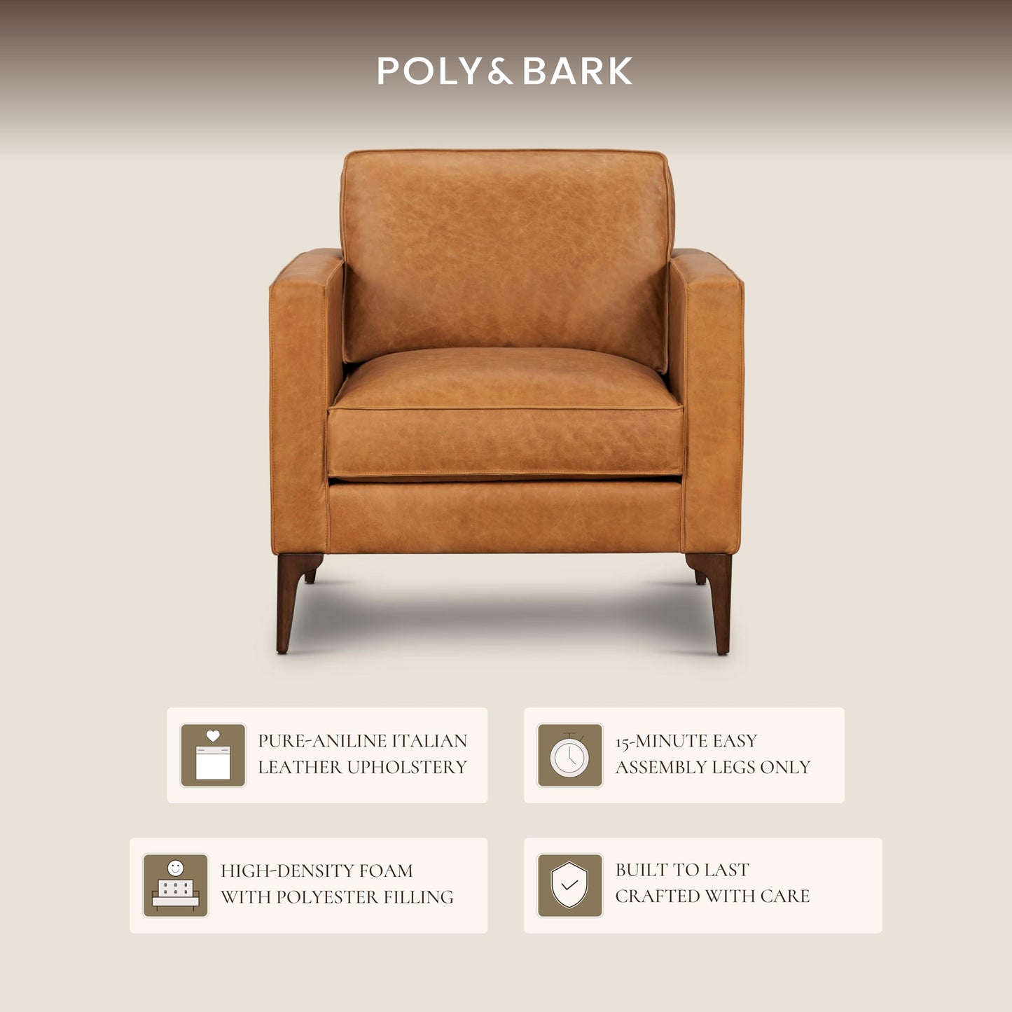 Poly & BARK Mateo Leather Lounge Chair – Cognac Tan Full-Grain Leather Upholstery – Modern Upholstered Accent Chair for Living Room or Bedroom – Indoor Lounge Seating with Timeless Comfort