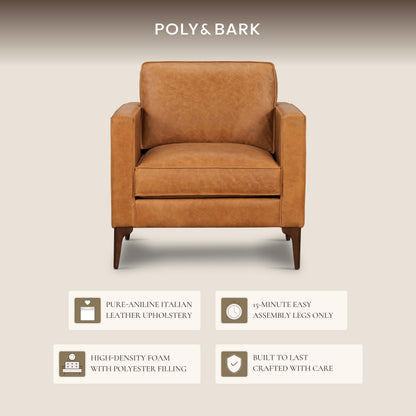 Poly & BARK Mateo Leather Lounge Chair – Cognac Tan Full-Grain Leather Upholstery – Modern Upholstered Accent Chair for Living Room or Bedroom – Indoor Lounge Seating with Timeless Comfort