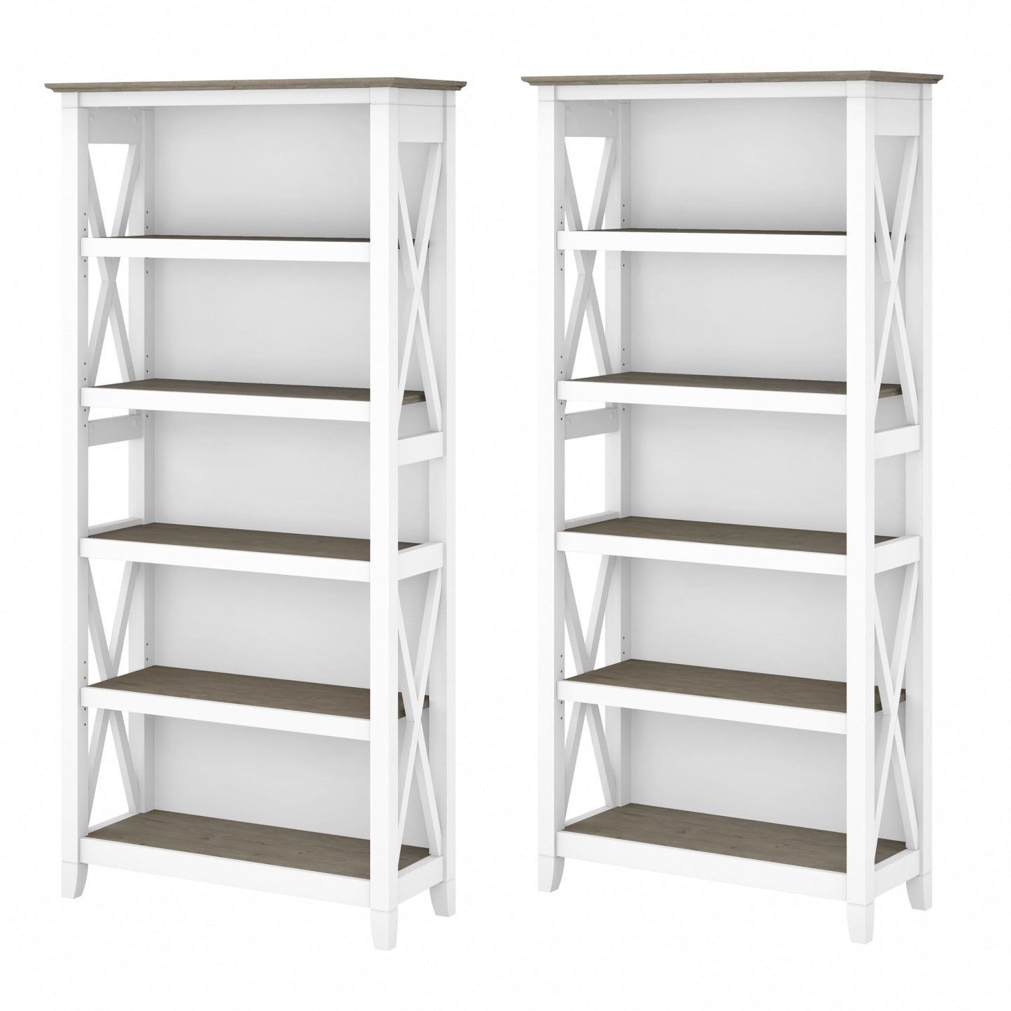Bush Home Key West 5 Shelf Bookcase - Set of 2 | Tall Bookshelves in Pure White and Shiplap Gray | Sturdy Display Shelves for Library, Living Room, and Home Office