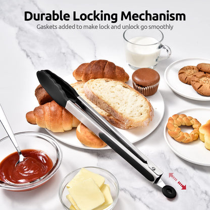 600ºF Heat Resistant Kitchen Tongs: U-Taste 12 inch Large Silicone Cooking Tong with Sturdy Non Stick Rubber Tips & Silicon Coated 18/8 Stainless Steel Handle & Smooth Locking for Serving Grill(Black)