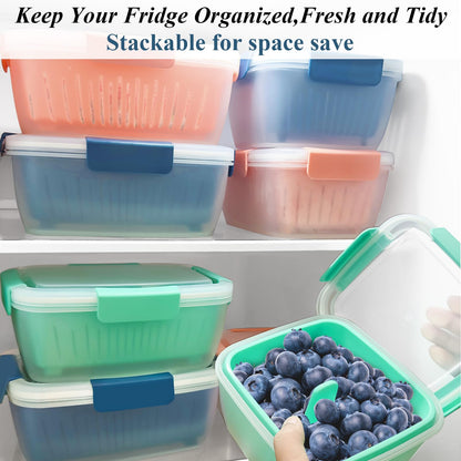 50oz Berry Keeper Fruit Storage Container for Fridge, Fresh Food Produce Saver Containers with Removable Drain Colanders, Vegetable Lettuce Keeper Bowl, Refrigerator Organizer, PRESS TO OPEN CLOSE LID