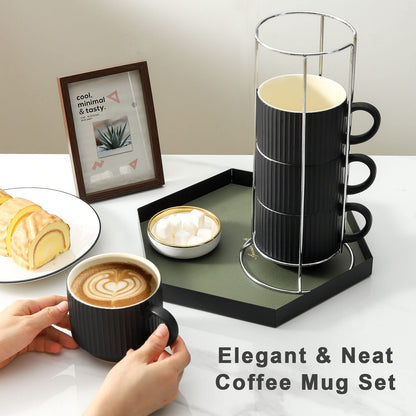 HASENSE Coffee Mug Ceramic Set of 4 with Stand, Stackable Large Latte Cups with Metal Stand, Dishwasher & Microwave Safe, Black for Cappuccino Tea Hot Cocoa